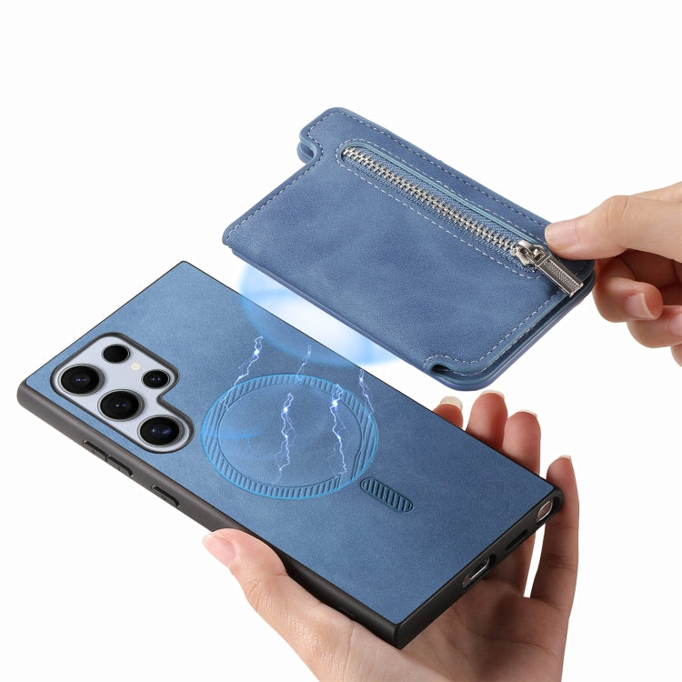 For Samsung Galaxy S25 Ultra 5G Retro MagSafe Zipper Wallet Card Bag Back Phone Case(Blue) - Galaxy S25 Ultra 5G Cases by PMC TechLife | Online Shopping South Africa | PMC TechLife | Buy Now Pay Later Mobicred