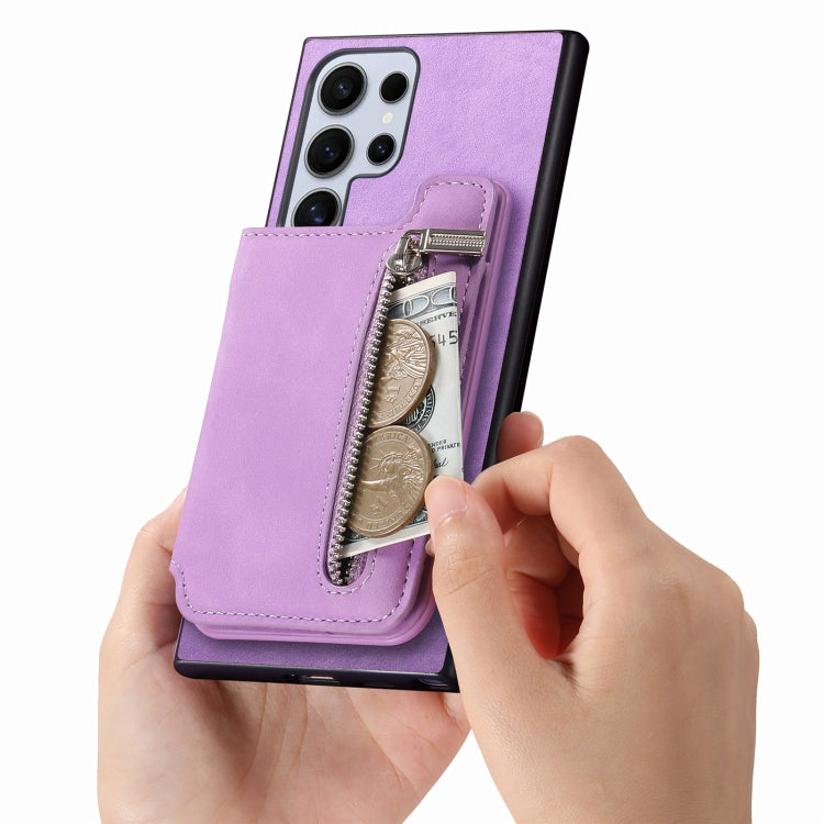 For Samsung Galaxy S25 Ultra 5G Retro MagSafe Zipper Wallet Card Bag Back Phone Case(Purple) - Galaxy S25 Ultra 5G Cases by PMC TechLife | Online Shopping South Africa | PMC TechLife | Buy Now Pay Later Mobicred