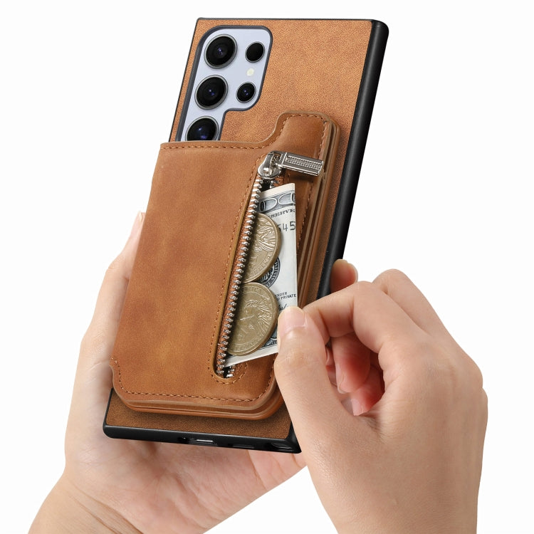 For Samsung Galaxy S25 Ultra 5G Retro MagSafe Zipper Wallet Card Bag Back Phone Case(Brown) - Galaxy S25 Ultra 5G Cases by PMC TechLife | Online Shopping South Africa | PMC TechLife | Buy Now Pay Later Mobicred
