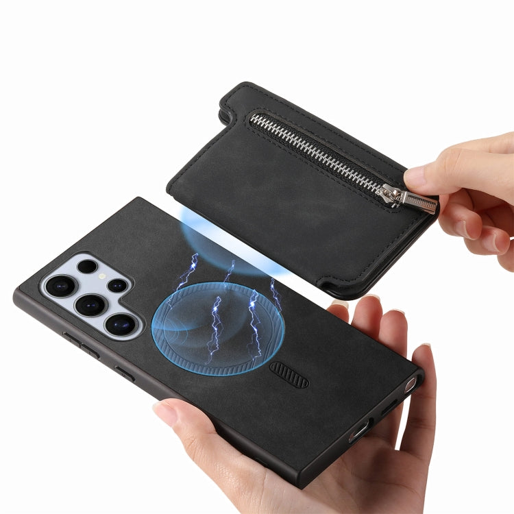 For Samsung Galaxy S25 Ultra 5G Retro MagSafe Zipper Wallet Card Bag Back Phone Case(Black) - Galaxy S25 Ultra 5G Cases by PMC TechLife | Online Shopping South Africa | PMC TechLife | Buy Now Pay Later Mobicred