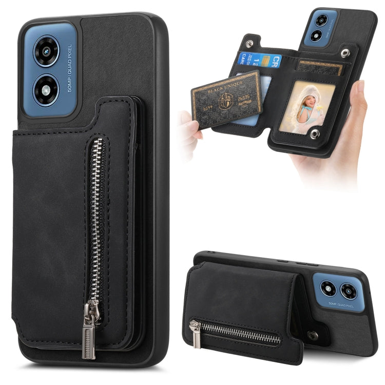 For Motorola Moto G Play 2024 4G Retro MagSafe Zipper Wallet Card Bag Back Phone Case(Black) - Motorola Cases by PMC TechLife | Online Shopping South Africa | PMC TechLife | Buy Now Pay Later Mobicred