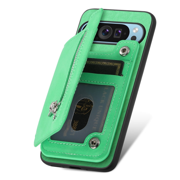 For Google Pixel 9 Pro XL Retro MagSafe Zipper Wallet Card Bag Back Phone Case(Green) - Google Cases by PMC TechLife | Online Shopping South Africa | PMC TechLife | Buy Now Pay Later Mobicred