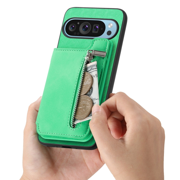 For Google Pixel 9 Pro XL Retro MagSafe Zipper Wallet Card Bag Back Phone Case(Green) - Google Cases by PMC TechLife | Online Shopping South Africa | PMC TechLife | Buy Now Pay Later Mobicred