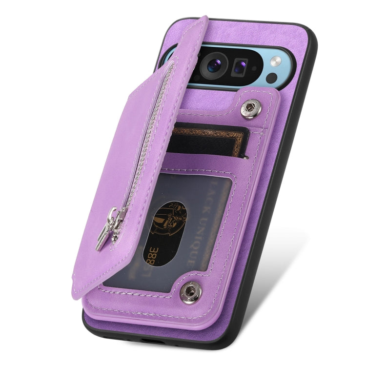 For Google Pixel 8a Retro MagSafe Zipper Wallet Card Bag Back Phone Case(Purple) - Google Cases by PMC TechLife | Online Shopping South Africa | PMC TechLife | Buy Now Pay Later Mobicred