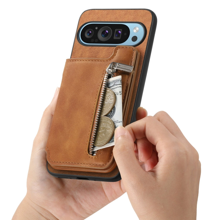 For Google Pixel 8a Retro MagSafe Zipper Wallet Card Bag Back Phone Case(Brown) - Google Cases by PMC TechLife | Online Shopping South Africa | PMC TechLife | Buy Now Pay Later Mobicred
