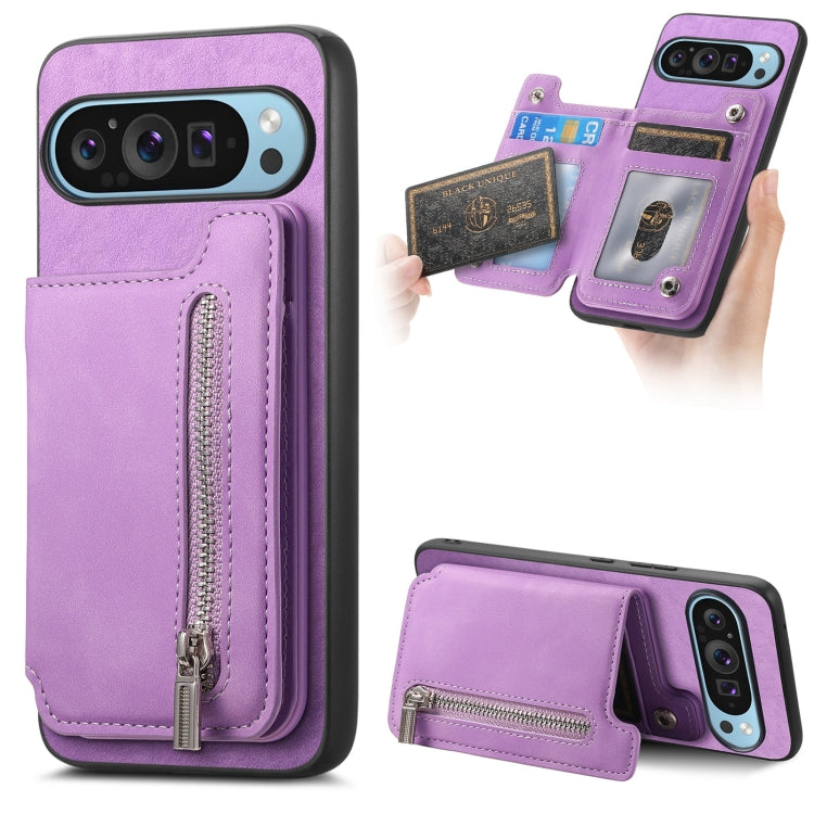 For Google Pixel 8 Pro Retro MagSafe Zipper Wallet Card Bag Back Phone Case(Purple) - Google Cases by PMC TechLife | Online Shopping South Africa | PMC TechLife | Buy Now Pay Later Mobicred