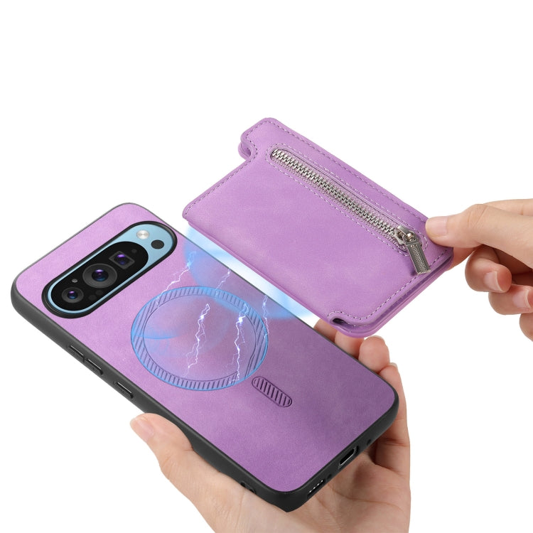For Google Pixel 8 Pro Retro MagSafe Zipper Wallet Card Bag Back Phone Case(Purple) - Google Cases by PMC TechLife | Online Shopping South Africa | PMC TechLife | Buy Now Pay Later Mobicred