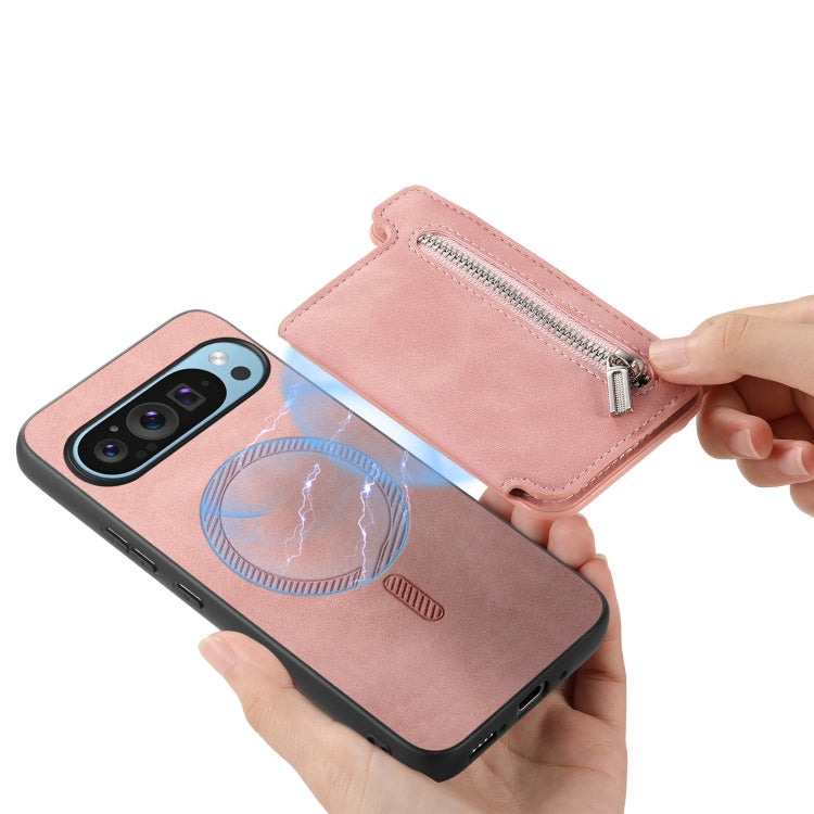 For Google Pixel 7a Retro MagSafe Zipper Wallet Card Bag Back Phone Case(Pink) - Google Cases by PMC TechLife | Online Shopping South Africa | PMC TechLife | Buy Now Pay Later Mobicred
