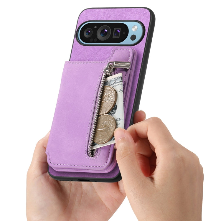 For Google Pixel 7a Retro MagSafe Zipper Wallet Card Bag Back Phone Case(Purple) - free shipping - PMC TechLife - Order now!