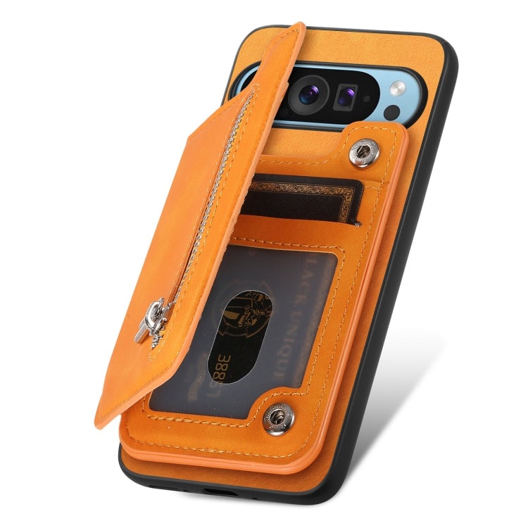 For Google Pixel 7 Pro Retro MagSafe Zipper Wallet Card Bag Back Phone Case(Yellow) - Google Cases by PMC TechLife | Online Shopping South Africa | PMC TechLife | Buy Now Pay Later Mobicred