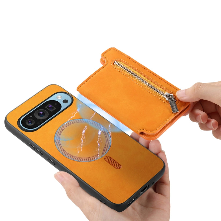 For Google Pixel 7 Pro Retro MagSafe Zipper Wallet Card Bag Back Phone Case(Yellow) - Google Cases by PMC TechLife | Online Shopping South Africa | PMC TechLife | Buy Now Pay Later Mobicred