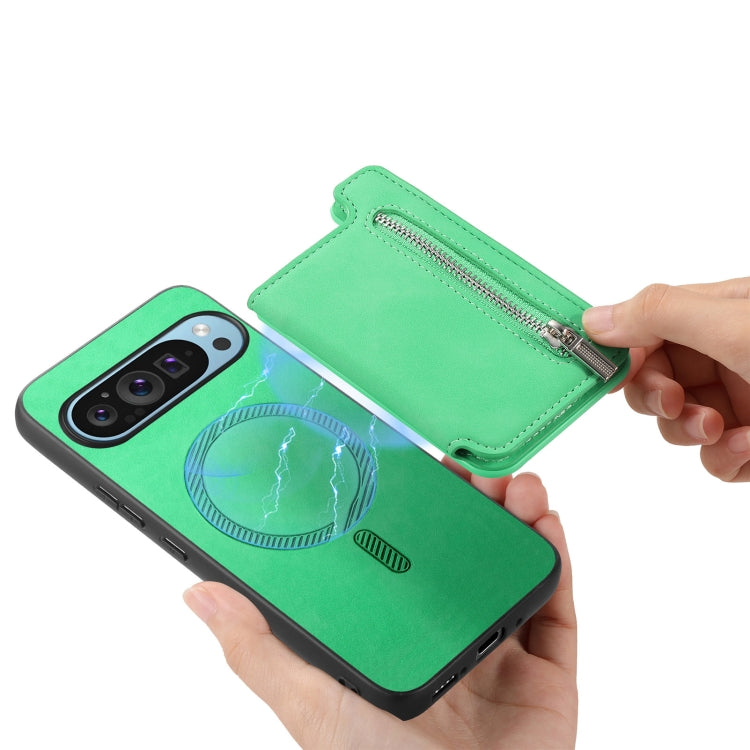 For Google Pixel 7 Pro Retro MagSafe Zipper Wallet Card Bag Back Phone Case(Green) - Google Cases by PMC TechLife | Online Shopping South Africa | PMC TechLife | Buy Now Pay Later Mobicred