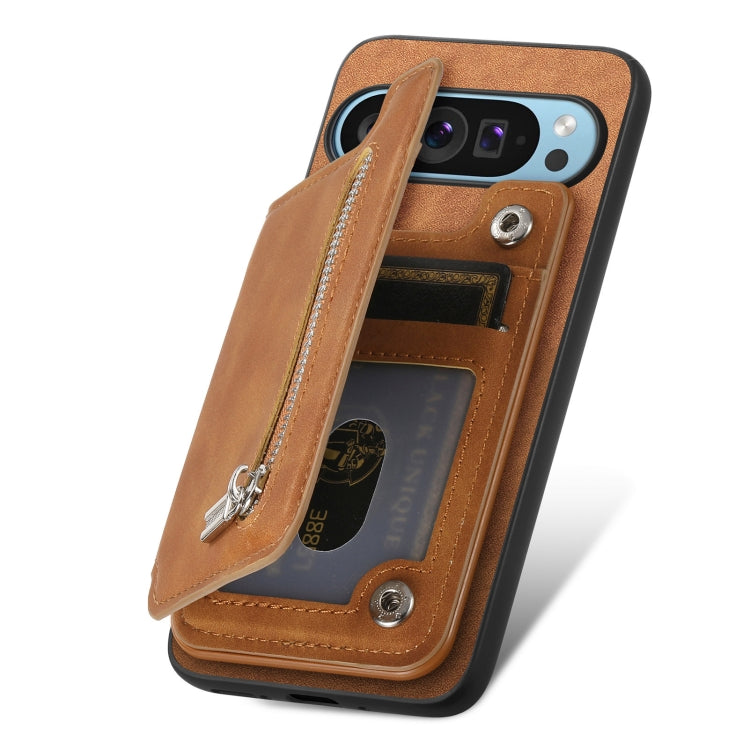 For Google Pixel 7 Retro MagSafe Zipper Wallet Card Bag Back Phone Case(Brown) - Google Cases by PMC TechLife | Online Shopping South Africa | PMC TechLife | Buy Now Pay Later Mobicred