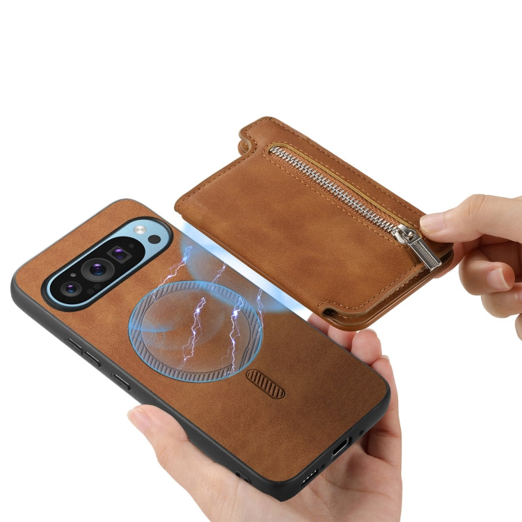 For Google Pixel 7 Retro MagSafe Zipper Wallet Card Bag Back Phone Case(Brown) - Google Cases by PMC TechLife | Online Shopping South Africa | PMC TechLife | Buy Now Pay Later Mobicred