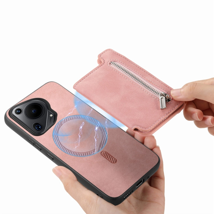 For Huawei Pura 70 Ultra Retro MagSafe Zipper Wallet Card Bag Back Phone Case(Pink) - Huawei Cases by PMC Jewellery | Online Shopping South Africa | PMC Jewellery | Buy Now Pay Later Mobicred
