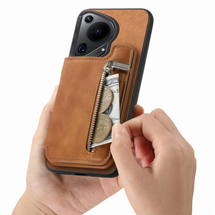 For Huawei Pura 70 Ultra Retro MagSafe Zipper Wallet Card Bag Back Phone Case(Brown) - Huawei Cases by PMC Jewellery | Online Shopping South Africa | PMC Jewellery | Buy Now Pay Later Mobicred