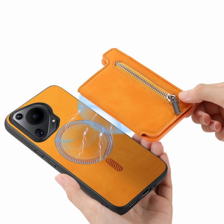 For Huawei Pura 70 Retro MagSafe Zipper Wallet Card Bag Back Phone Case(Yellow) - Huawei Cases by PMC Jewellery | Online Shopping South Africa | PMC Jewellery | Buy Now Pay Later Mobicred