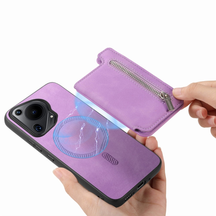 For Huawei Pura 70 Retro MagSafe Zipper Wallet Card Bag Back Phone Case(Purple) - Huawei Cases by PMC Jewellery | Online Shopping South Africa | PMC Jewellery | Buy Now Pay Later Mobicred