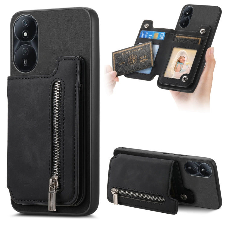 For Honor Play 50 Plus 5G Retro MagSafe Zipper Wallet Card Bag Back Phone Case(Black) - Honor Cases by PMC TechLife | Online Shopping South Africa | PMC TechLife | Buy Now Pay Later Mobicred