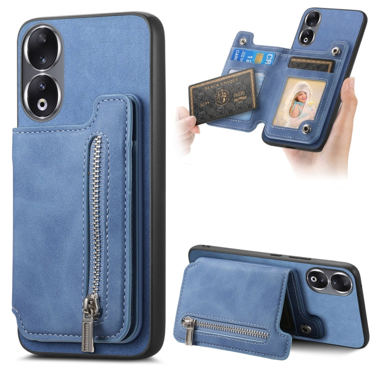 For Honor 90 Retro MagSafe Zipper Wallet Card Bag Back Phone Case(Blue) - Honor Cases by PMC TechLife | Online Shopping South Africa | PMC TechLife | Buy Now Pay Later Mobicred