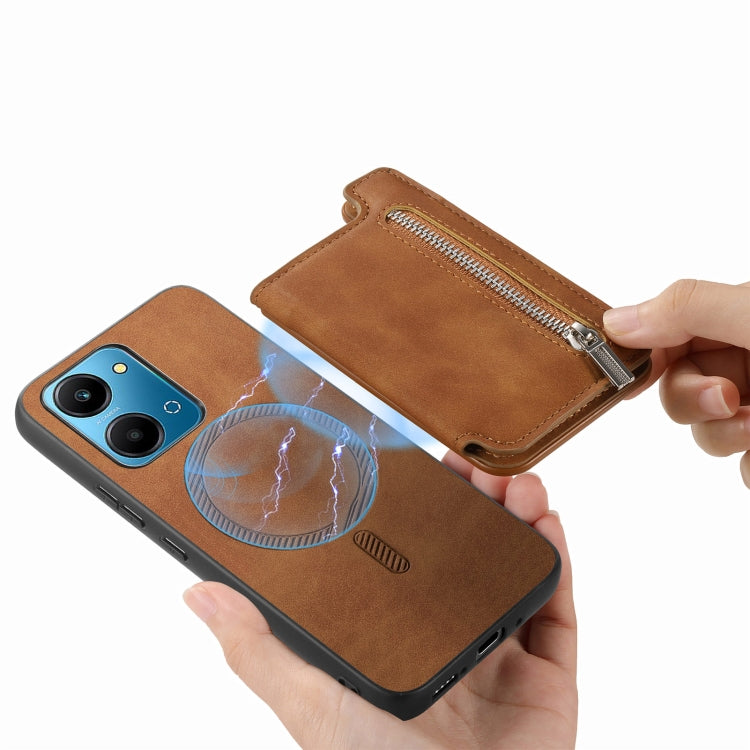 For Honor 90 Retro MagSafe Zipper Wallet Card Bag Back Phone Case(Brown) - Honor Cases by PMC TechLife | Online Shopping South Africa | PMC TechLife | Buy Now Pay Later Mobicred