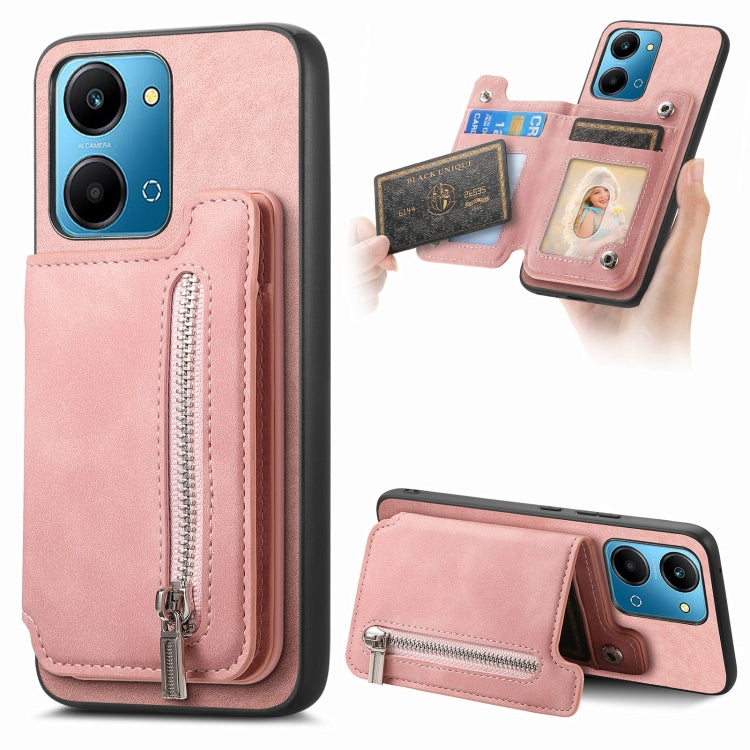For Honor Play 7T / X7a Retro MagSafe Zipper Wallet Card Bag Back Phone Case(Pink) - Honor Cases by PMC TechLife | Online Shopping South Africa | PMC TechLife | Buy Now Pay Later Mobicred