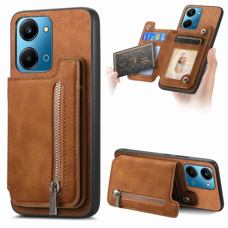 For Honor Play 7T / X7a Retro MagSafe Zipper Wallet Card Bag Back Phone Case(Brown) - Honor Cases by PMC TechLife | Online Shopping South Africa | PMC TechLife | Buy Now Pay Later Mobicred