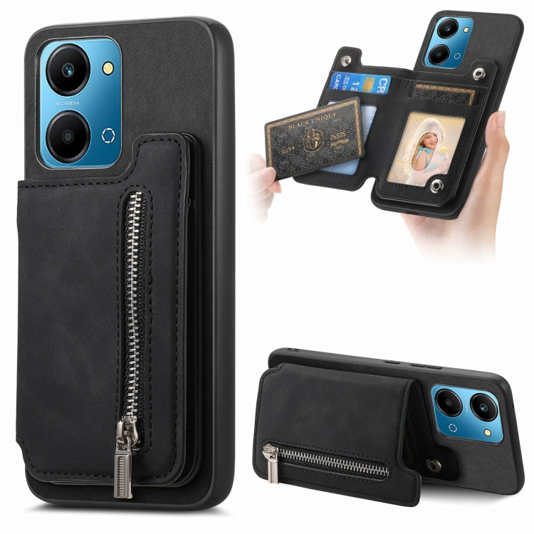 For Honor Play 7T / X7a Retro MagSafe Zipper Wallet Card Bag Back Phone Case(Black) - Honor Cases by PMC TechLife | Online Shopping South Africa | PMC TechLife | Buy Now Pay Later Mobicred
