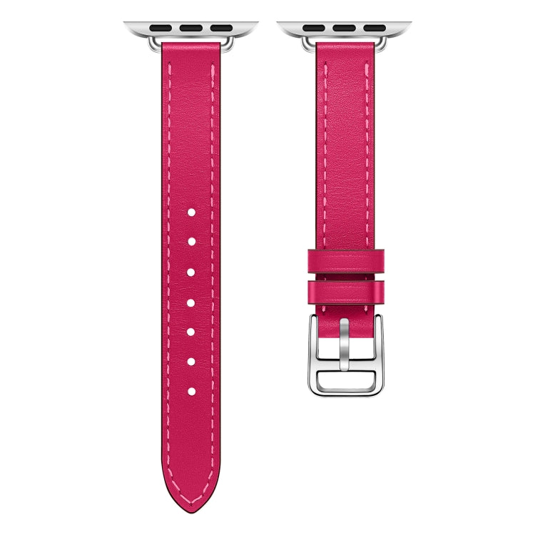 For Apple Watch 46mm / 49mm / 45mm / 44mm Classic Connector Buckle Slim Cow Real Leather Watch Band(Rose Red) - Watch Bands by PMC TechLife | Online Shopping South Africa | PMC TechLife | Buy Now Pay Later Mobicred