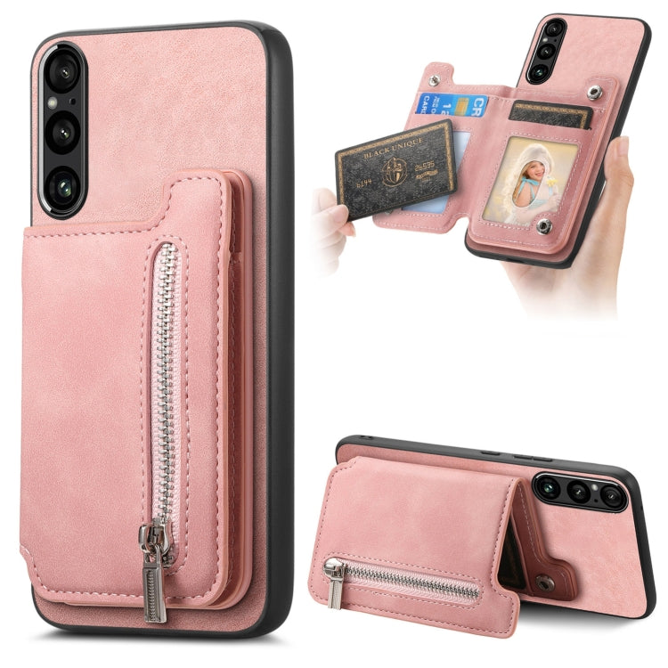 For Sony Xperia 1 VI Retro MagSafe Zipper Wallet Card Bag Back Phone Case(Pink) - Sony Cases by PMC TechLife | Online Shopping South Africa | PMC TechLife | Buy Now Pay Later Mobicred