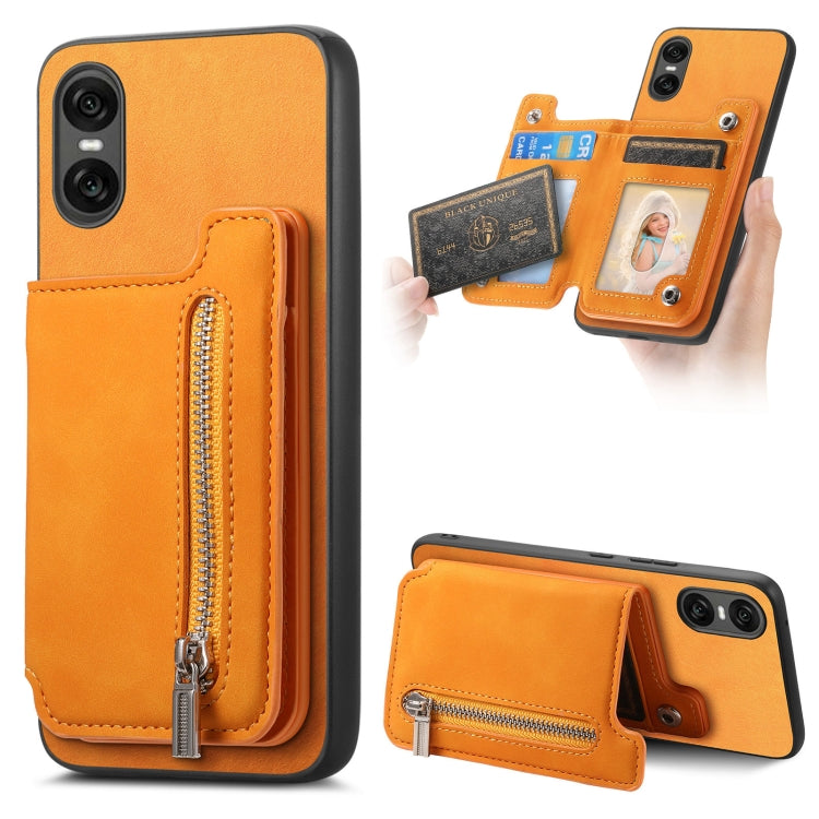 For Sony Xperia 10 VI Retro MagSafe Zipper Wallet Card Bag Back Phone Case(Yellow) - Sony Cases by PMC TechLife | Online Shopping South Africa | PMC TechLife | Buy Now Pay Later Mobicred