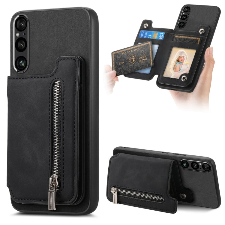 For Sony Xperia 1 V Retro MagSafe Zipper Wallet Card Bag Back Phone Case(Black) - Sony Cases by PMC TechLife | Online Shopping South Africa | PMC TechLife | Buy Now Pay Later Mobicred