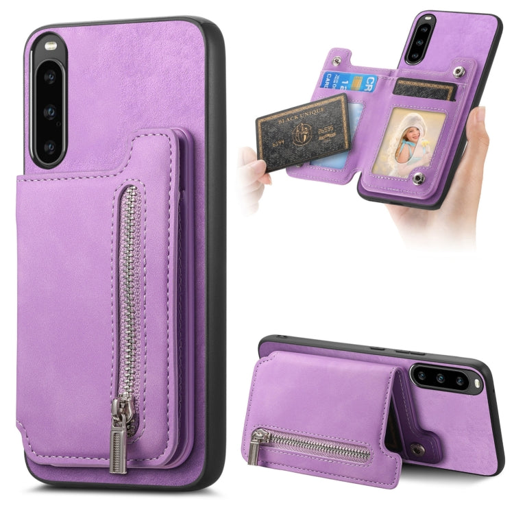 For Sony Xperia 10 V Retro MagSafe Zipper Wallet Card Bag Back Phone Case(Purple) - Sony Cases by PMC TechLife | Online Shopping South Africa | PMC TechLife | Buy Now Pay Later Mobicred