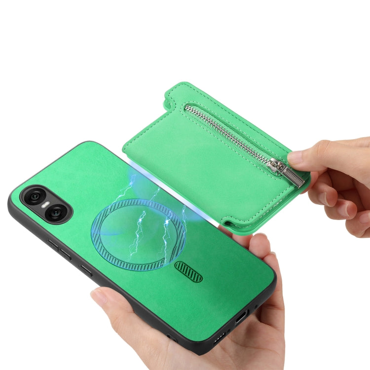 For Sony Xperia 10 V Retro MagSafe Zipper Wallet Card Bag Back Phone Case(Green) - Sony Cases by PMC TechLife | Online Shopping South Africa | PMC TechLife | Buy Now Pay Later Mobicred