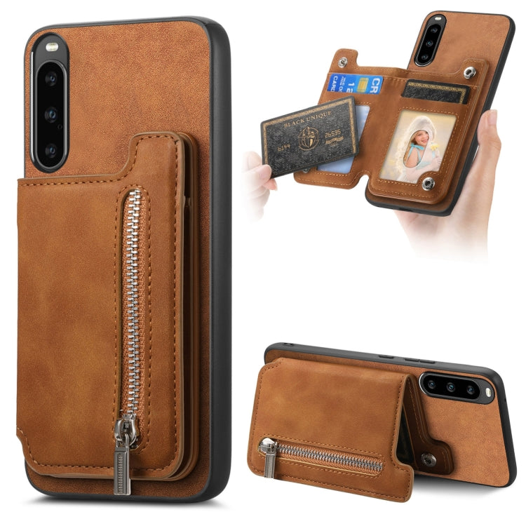 For Sony Xperia 10 V Retro MagSafe Zipper Wallet Card Bag Back Phone Case(Brown) - Sony Cases by PMC TechLife | Online Shopping South Africa | PMC TechLife | Buy Now Pay Later Mobicred
