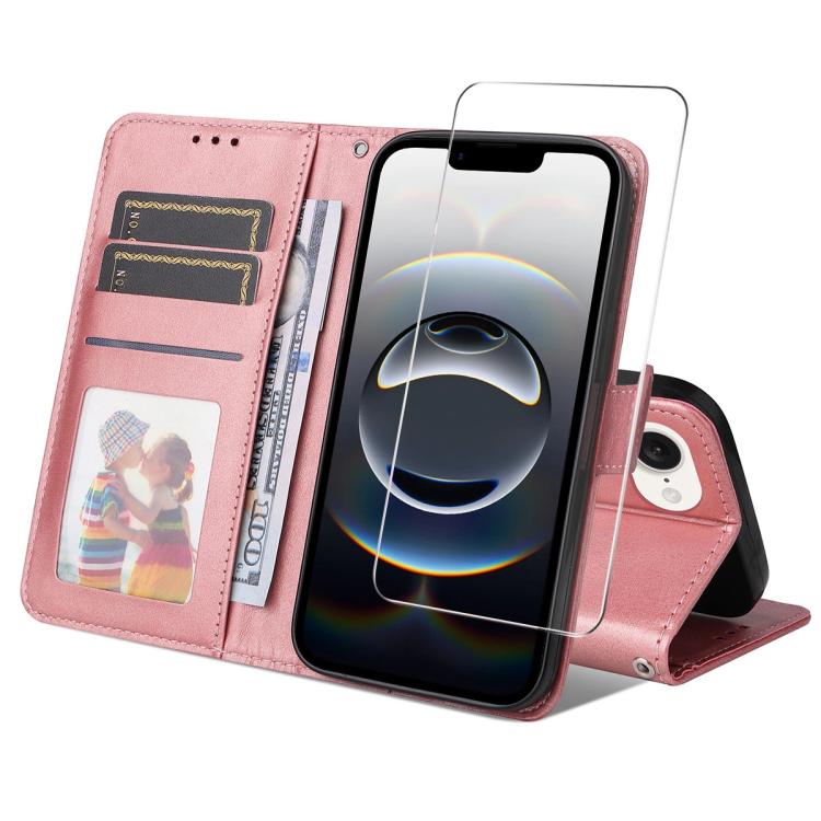 For iPhone 16e ENKAY Card Wallet Calf Texture Leather Phone Case with Screen Film(Pink) - iPhone 16e Cases by ENKAY | Online Shopping South Africa | PMC TechLife | Buy Now Pay Later Mobicred