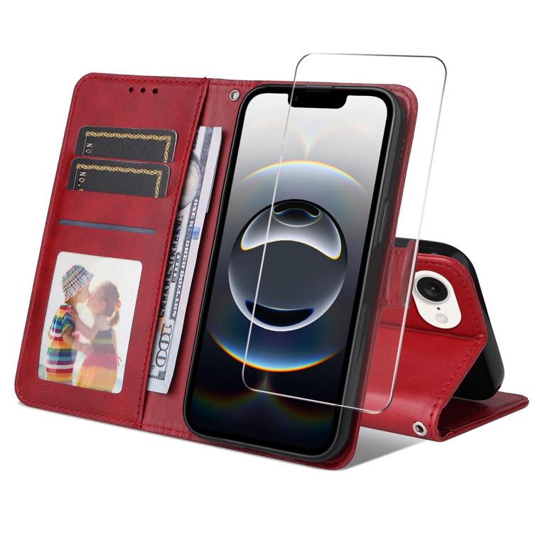 For iPhone 16e ENKAY Card Wallet Calf Texture Leather Phone Case with Screen Film(Red) - iPhone 16e Cases by ENKAY | Online Shopping South Africa | PMC TechLife | Buy Now Pay Later Mobicred
