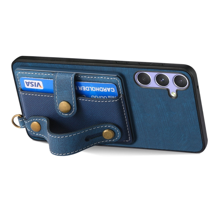 For Samsung Galaxy S25+ 5G Retro Cross Wristband Wallet Leather Back Phone Case(Blue) - free shipping - PMC Jewellery - Order now!