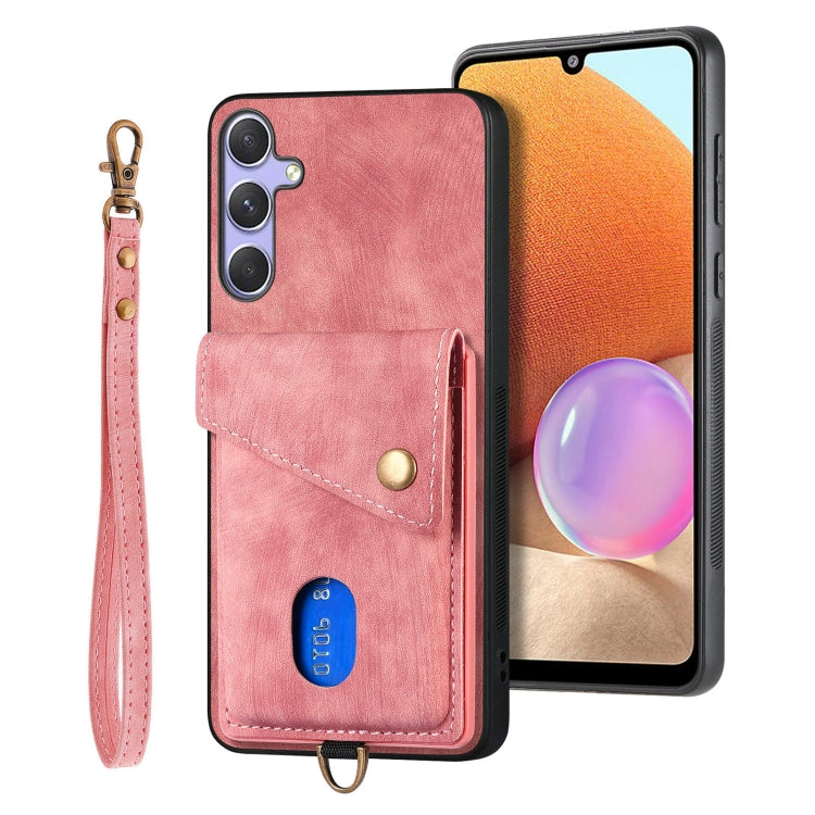 For Samsung Galaxy S25 5G Retro Card Wallet Fold Leather Phone Case with Strap(Pink) - Galaxy S25 5G Cases by PMC TechLife | Online Shopping South Africa | PMC TechLife | Buy Now Pay Later Mobicred