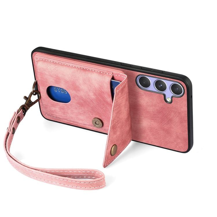 For Samsung Galaxy S25 5G Retro Card Wallet Fold Leather Phone Case with Strap(Pink) - Galaxy S25 5G Cases by PMC TechLife | Online Shopping South Africa | PMC TechLife | Buy Now Pay Later Mobicred