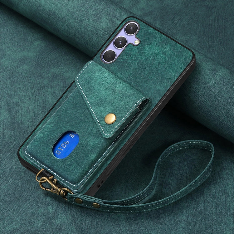 For Samsung Galaxy S25+ 5G Retro Card Wallet Fold Leather Phone Case with Strap(Green) - Galaxy S25+ 5G Cases by PMC TechLife | Online Shopping South Africa | PMC TechLife | Buy Now Pay Later Mobicred