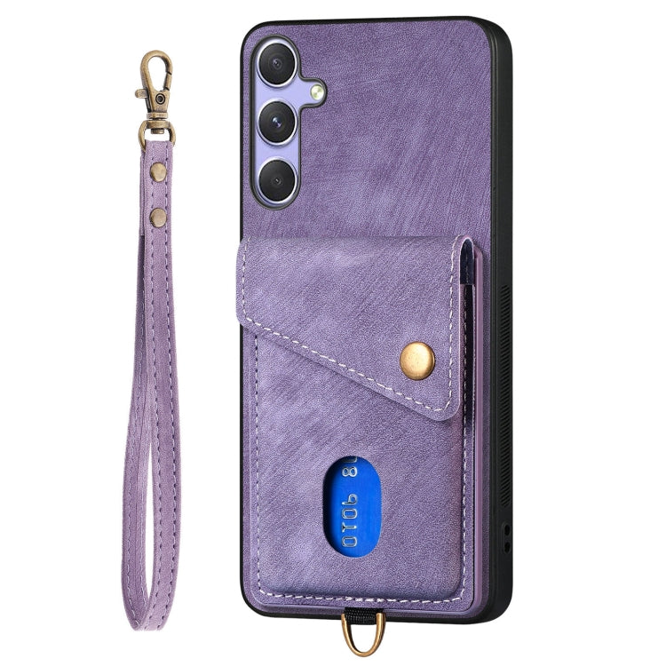 For Samsung Galaxy S25+ 5G Retro Card Wallet Fold Leather Phone Case with Strap(Purple) - Galaxy S25+ 5G Cases by PMC TechLife | Online Shopping South Africa | PMC TechLife | Buy Now Pay Later Mobicred