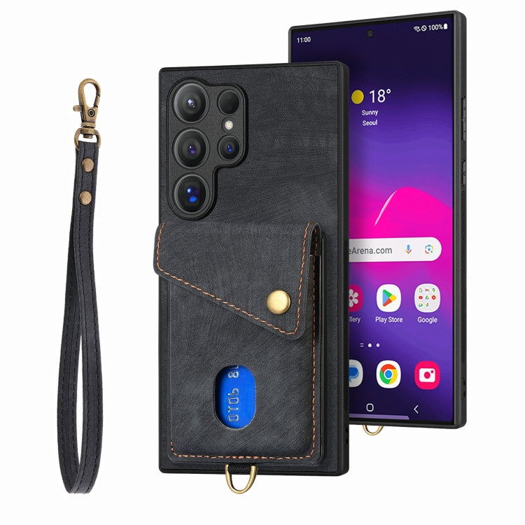 For Samsung Galaxy S25 Ultra 5G Retro Card Wallet Fold Leather Phone Case with Strap(Black) - Galaxy S25 Ultra 5G Cases by PMC TechLife | Online Shopping South Africa | PMC TechLife | Buy Now Pay Later Mobicred
