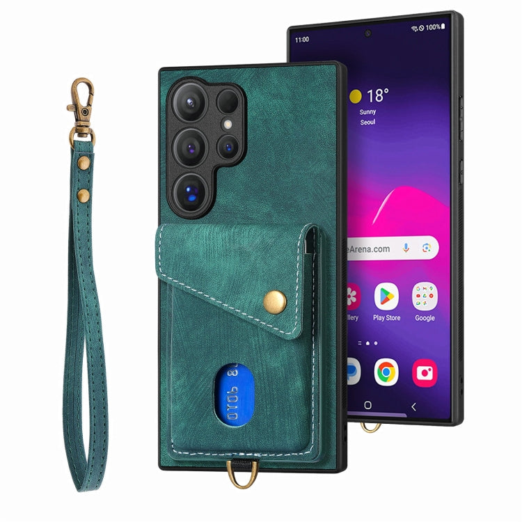 For Samsung Galaxy S25 Ultra 5G Retro Card Wallet Fold Leather Phone Case with Strap(Green) - Galaxy S25 Ultra 5G Cases by PMC TechLife | Online Shopping South Africa | PMC TechLife | Buy Now Pay Later Mobicred