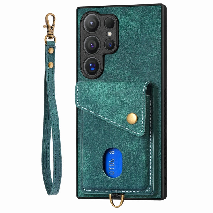 For Samsung Galaxy S25 Ultra 5G Retro Card Wallet Fold Leather Phone Case with Strap(Green) - Galaxy S25 Ultra 5G Cases by PMC TechLife | Online Shopping South Africa | PMC TechLife | Buy Now Pay Later Mobicred
