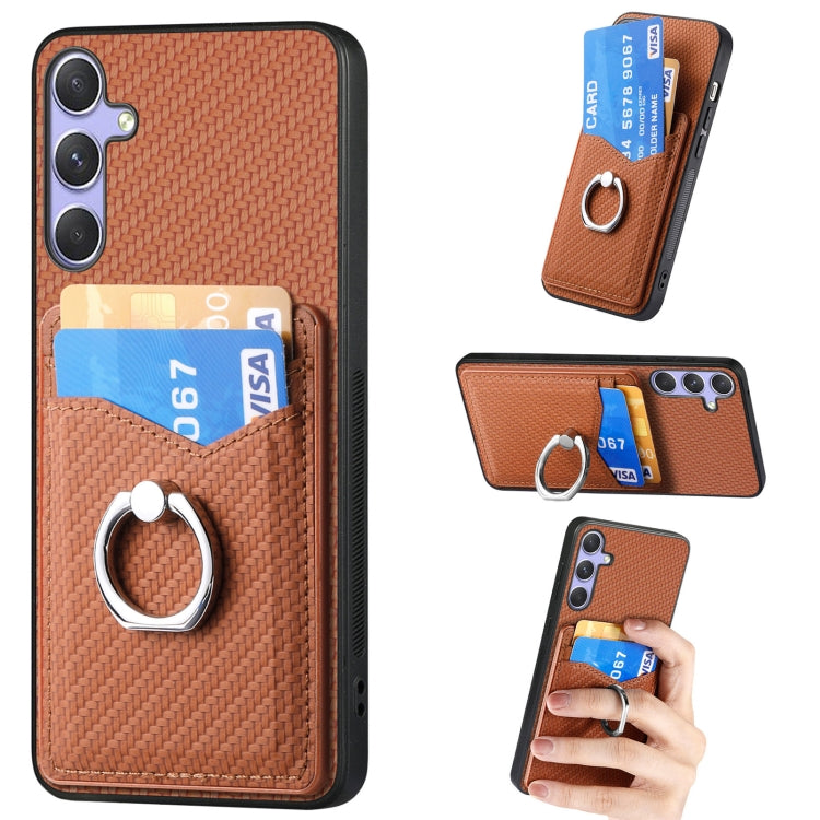 For Samsung Galaxy S25 5G Carbon Fiber Card Wallet Ring Phone Case(Brown) - Galaxy S25 5G Cases by PMC Jewellery | Online Shopping South Africa | PMC Jewellery | Buy Now Pay Later Mobicred