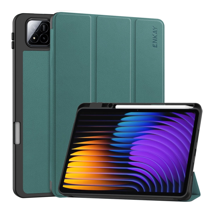 For Xiaomi Pad 7 / 7 Pro 11.2 ENKAY Tri-fold Custer Texture TPU Leather Smart Tablet Case with Pen Slot(Dark Green) - free shipping - PMc TechLife - Order now!