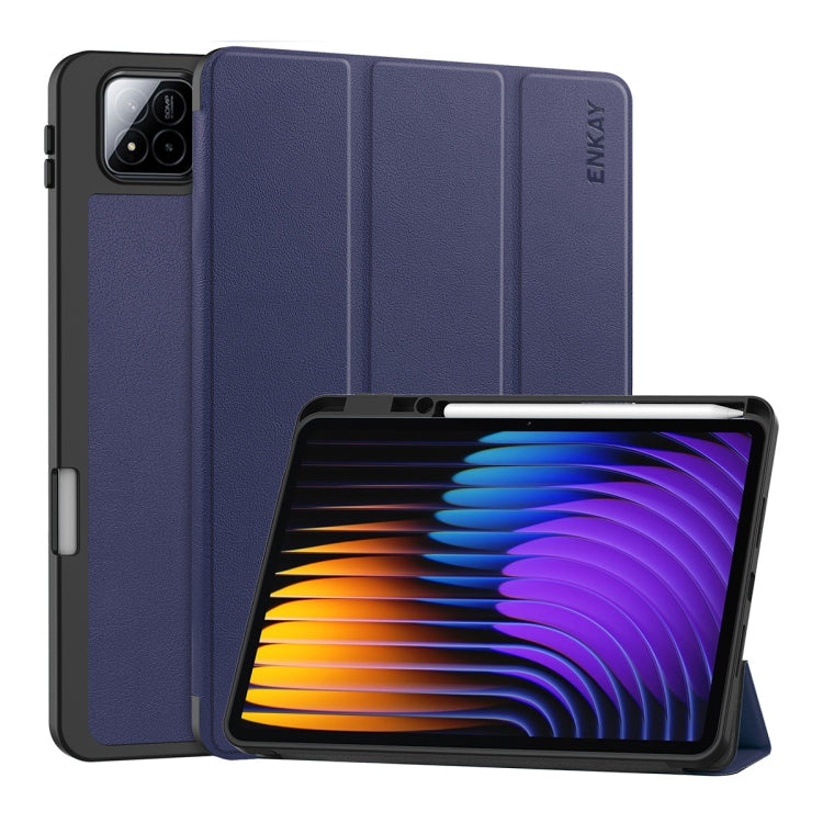 For Xiaomi Pad 7 / 7 Pro 11.2 ENKAY Tri-fold Custer Texture TPU Leather Smart Tablet Case with Pen Slot(Dark Blue) - free shipping - PMc TechLife - Order now!