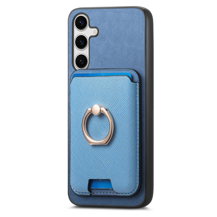 For Samsung Galaxy S25 5G Retro Cross Leather Ring Vertical Insert Card Bag MagSafe Phone Case(Blue) - Galaxy S25 5G Cases by PMC Jewellery | Online Shopping South Africa | PMC Jewellery | Buy Now Pay Later Mobicred