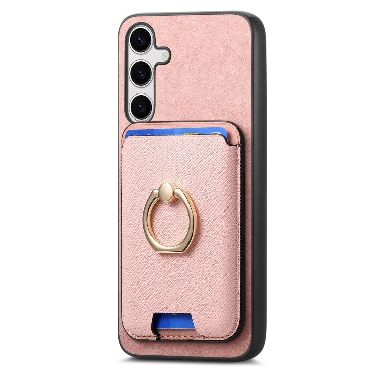 For Samsung Galaxy S25 5G Retro Cross Leather Ring Vertical Insert Card Bag MagSafe Phone Case(Pink) - Galaxy S25 5G Cases by PMC Jewellery | Online Shopping South Africa | PMC Jewellery | Buy Now Pay Later Mobicred